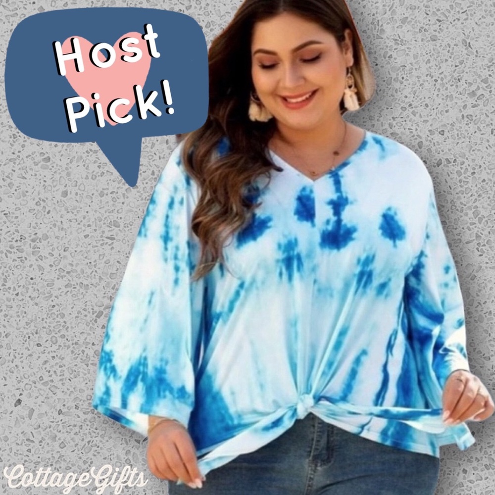 NWT Plus Size Blue & White Tie Dye Print Top - Picture 1 of 7